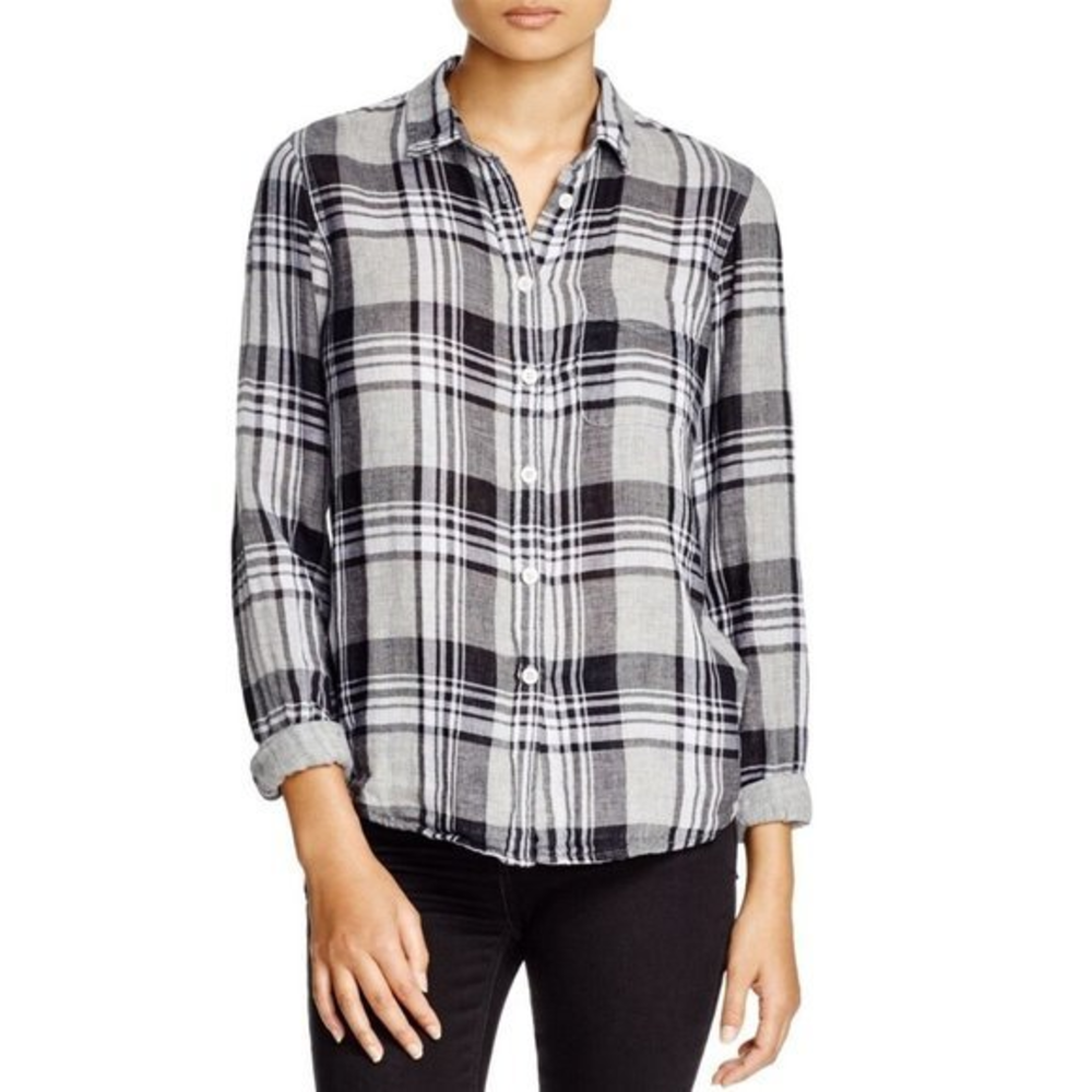 Current Elliott 0 XS Anthropologie Gray Boy Plaid Boyfriend Button Down Shirt